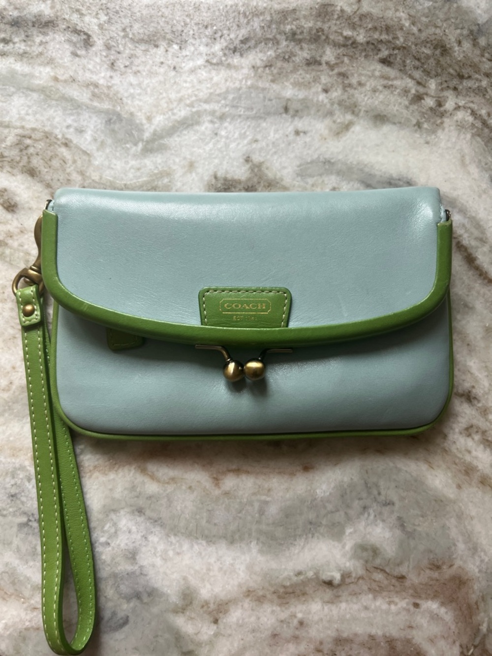 Coach Two-Tone Light Blue and Green Leather Wristlet Clutch